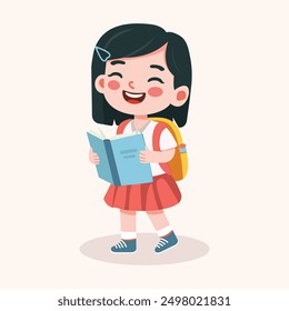 Cute girl with short black hair are happy with backpack and books. Back to school concept. Vector illustration in flat cartoon style