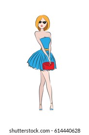 Cute girl in short blue fashion dress in glasses