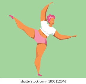 A cute girl with short hair cut in sports shorts and a T-shirt stands in twine ballet pose . A young ballerina woman with curvaceous forms is mastering ballet and stands on one leg. Vector flat design