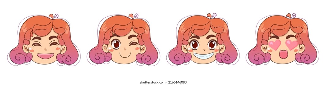 Cute girl with short hair. Kawaii stickers, different emotions. Vector illustration isolated on white background. 