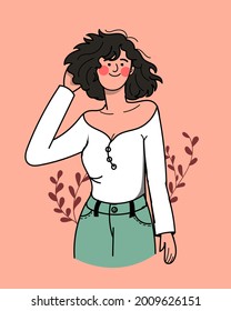 cute girl with short hair, white top and jeans, pretty smile