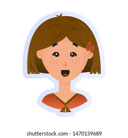 
Cute Girl With A Short Haircut And Brown Hair. Vector Flat Character On A White Background Isolated. Astonished Teenager.