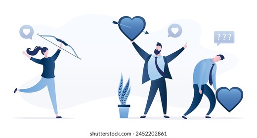 Cute girl shot from bow and hit target with an arrow. Woman choose between various handsome guys. Male characters in love offers big hearts. Online dating. Winner and losers in love. Flat Vector