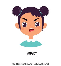 Cute Girl Show Angry Emotion and Face Expression Vector Illustration