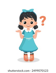 cute girl show confused curious expression with question mark vector cartoon illustration flat design