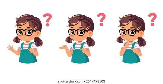 cute girl show different confused expressions with question mark	