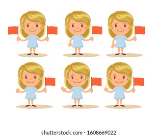 The cute girl show Hand symbol and flag. Vector flat design illustration.