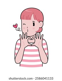 Cute girl show heart shaped hand gesture, Kawaii cartoon style