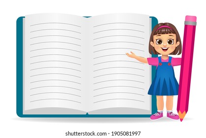 cute girl showing big empty book 
