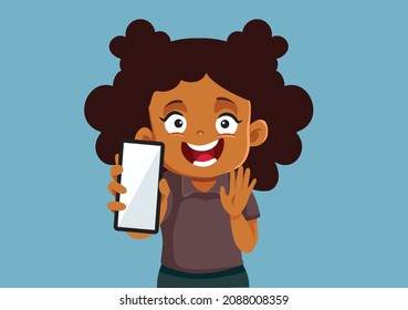 Cute Girl Showing Blank Smartphone Screen Vector Cartoon. Cheerful little kids holding a phone display for advertising mock-up
