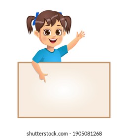 cute girl showing index finger to blank banner