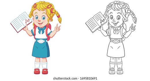 Cute girl showing A plus exam result. Coloring page and colorful clipart character. Cartoon design for t shirt print, icon, logo, label, patch or sticker. Vector illustration.