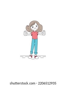 Cute girl showing stop gesture sign with palm of the hand. Young girl requiring stop with her hand. girl character clip art vector. 