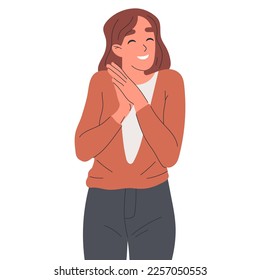 Muchacha linda mostrando emoción tierna. Caricatura de las emociones de la ternura de la mujer, caracter femenino sonriente lenguaje corporal positivo ilustración vectorial plana sobre fondo blanco