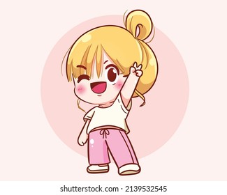 Cute girl showing two fingers gesture logo banner hand drawn cartoon art illustration