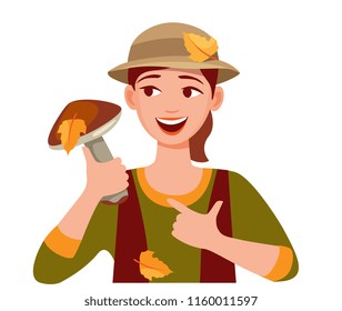 cute girl shows big mushroom. mushroomer. woman gathers mushrooms. Cartoon vector illustration