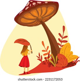 cute girl shows big mushroom. mushroomer. woman gathers mushrooms. Cartoon vector illustration