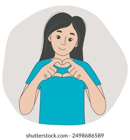 Cute girl shows heart sign with fingers. Abstract image of positive person, sends love and kindness. Young woman expresses tenderness and her affection, vector graphics