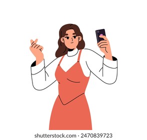 Cute girl shows Korean symbol of love with fingers for photography. Young woman hand gesturing heart sign for selfie. Happy person taking a photo by phone. Flat isolated vector illustration on white