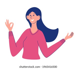 Cute girl shows the ok gesture. Hand gestures, expression of emotions. Sign language. Everything is ok concept. Flat cartoon vector illustration.