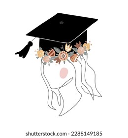 Cute girl silhouette in graduation cap decorated with doodle flower wreath. Happy graduate student. Scandinavian and continuous line style. Vector isolated illustration