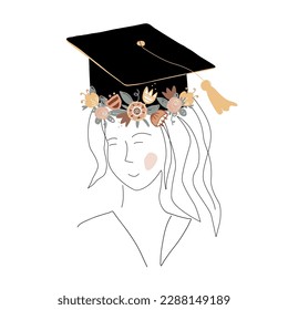 Cute girl silhouette in graduation cap decorated with doodle flower wreath. Happy graduate student. Scandinavian and continuous line style. Vector isolated illustration