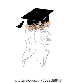 Cute girl silhouette in graduation cap decorated with doodle flower wreath. Happy graduate student. Scandinavian and continuous line style. Vector isolated illustration