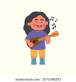 Cute girl sing a song with guitar ukulele cartoon illustration