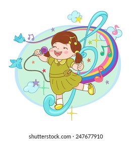 cute girl singing with microphone,vector