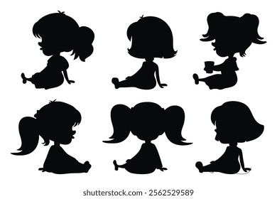 
Cute girl sit down silhouettes set isolated flat vector illustration on white background