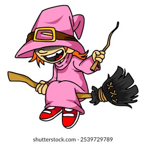 cute girl sit on flying broom with magic wand on left hand and this witch use a pink dress and hat