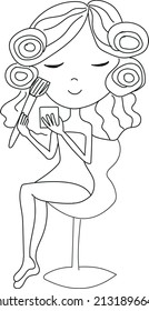 Cute girl sits in a chair and  make up. Simple line beauty illustration 