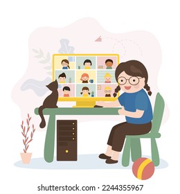 Cute girl sits at computer and communicates with classmates or friends. Online webinar, learning from home. Smart schoolgirl. Internet education. Video conversation, home schooling. Social distance.