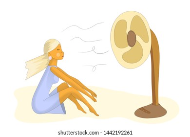 Cute girl sits with her eyes closed in front of an electric fan and enjoys the coolness - air cooling in hot weather, illustration vector design