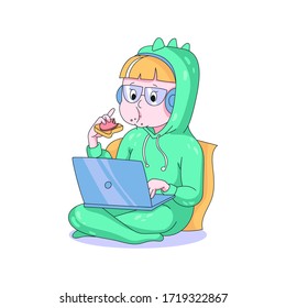 cute girl sits at home with laptop in dinosaur pajamas. The concept of remote work. cozy happy freelance job. self-isolation, online training and chatting with friends. isolated vector illustration 