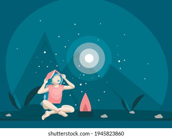 A cute girl sits at night with a book near a glowing ball