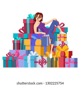 Cute Girl Sits On A Pile Of Gifts. Many Multicolored Boxes with Bows. Print. On a White Background. Vector Flat Illustration for any Holiday or Sale