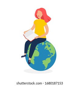 Cute girl sits on planet earth and reads a book. Relaxation. Caring for the environment. Training. Exploring our world. She is very smart. Modern vector illustration.