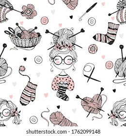 A cute girl sits on a sheep and knits a scarf. Vector.