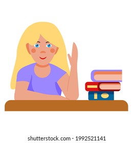 cute girl sits at a school desk and stretches her hand. An excellent student wants to answer the lesson. Back to school. Vector illustration in a flat cartoon style is isolated on a white background.