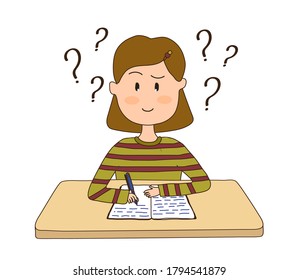 Una chica linda se sienta en una mesa y resuelve un problema. Dibujo de vectores.