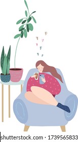 
Cute girl is sitting in an armchair with tea and a phone. The girl stayed at home, self-isolation. Social distanc during corona virus quarantine. Hand drawn ilustration. 