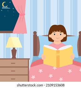 Cute  girl Sitting in Bed and Reading Bedtime Story.  Night  reading. Children's book illustration.