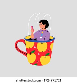 Cute girl sitting in the colorful giant Cup and holding a smartphone. Funny character. Hand drawn colored trendy Vector illustration. Isolated on grey background