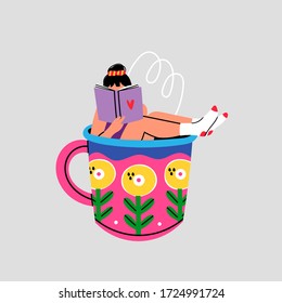 Cute Girl sitzt im bunten Riesencup und hält ein Buch. Witziger Charakter. Handgezeichnete, trendige Vector Illustration. Isoliert auf grauem Hintergrund