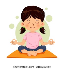 Cute girl sitting cross-legged and meditating in yoga pose, calm and relaxed. Vector illustration