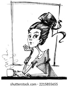 Cute girl sitting and drinking coffee illustration. Cartoon sketch of women haivng morning coffee. Hand drawn sketch outlines