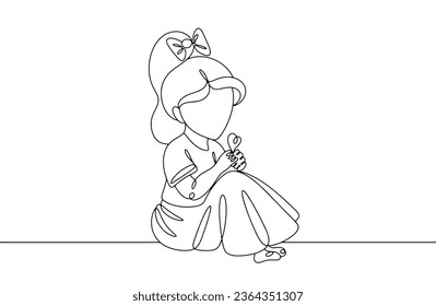 A cute girl is sitting in an elegant dress. International Day of the Girl Child. One line drawing for different uses. Vector illustration.