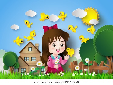 Cute girl sitting in a flower garden with a lot of bird.paper art style.