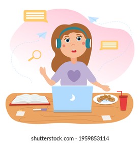 Cute girl is sitting in front of laptop in headphones with food and book on desk. Concept of advantages of remote online education for children during lockdown. Flat cartoon vector illustration svg